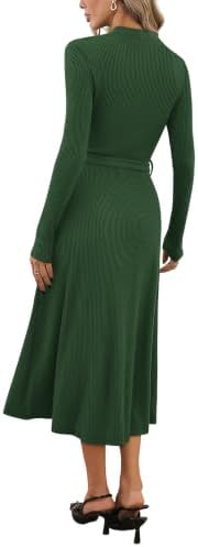 OFEEFAN Long Sleeve Dress Mock Neck Tie Waist Ribbed Knit Midi Dresses Fall Outfits