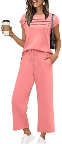 WIHOLL Two Piece Sets for Women Summer Spring Travel Vacation Outfits Cap Sleeve Lounge Matching Sets Wide Leg Pants S-3XL