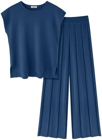 Ekouaer Lounge Sets for Women Two Piece Outfits Knit Cap Sleeve Tops Wide Leg Pleated Pants Casual Dressy Sweater Sets