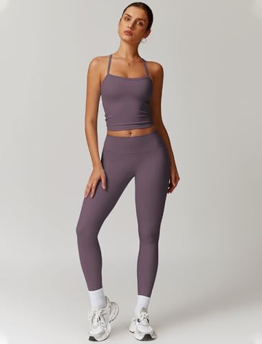 QBGJTD Womens Workout Sets Two Piece Cross Back Tank Top Matching High Waist Leggings Sets Gym Outfits Work Out Clothes