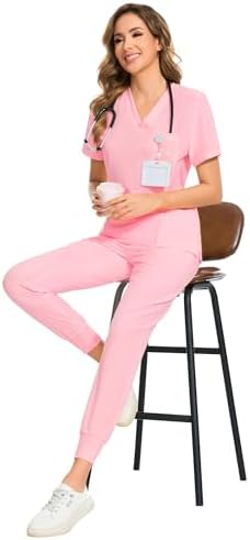COZYFIT Scrubs for Women Set - Stretch V-Neck & Jogger Pant with 9 Pockets
