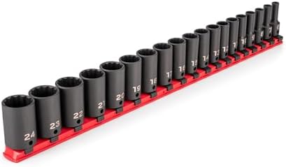 TEKTON 3/8 Inch Drive Impact Socket Set, 19-Piece | SID91119 | (6 - 24 mm), Semi-Deep, 12-Point, Socket Rail