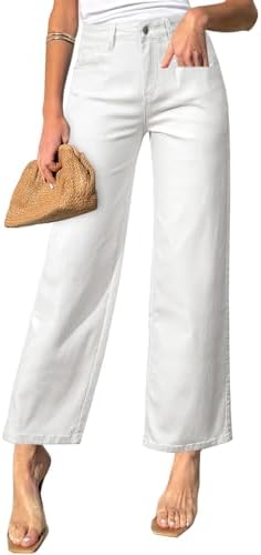 Sidefeel Women's Straight Leg Jeans High Waisted Stretchy Jeans Zimbaplatinum Wide Leg Ankle Denim Pants with Pockets