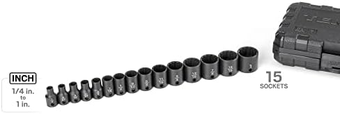 TEKTON 3/8 Inch Drive Impact Socket Set, 15-Piece | SID91304 | (1/4 - 1 in.), Shallow, 12-Point, Case