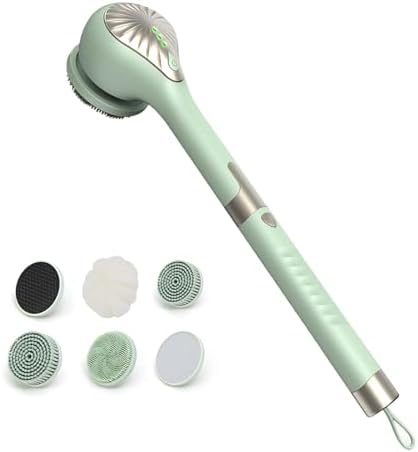 Electric Body Brush Back Scrubber for Shower, IPX6 Water Proof Bath Brush with Long Handle, 6 Heads 3 Speeds Rechargeable Electric Spin Scrubber for Cleanse, Massage, Exfoliate