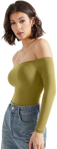 SUUKSESS Women Off Shoulder Long Sleeve Bodysuits Double Lined Basic Tops