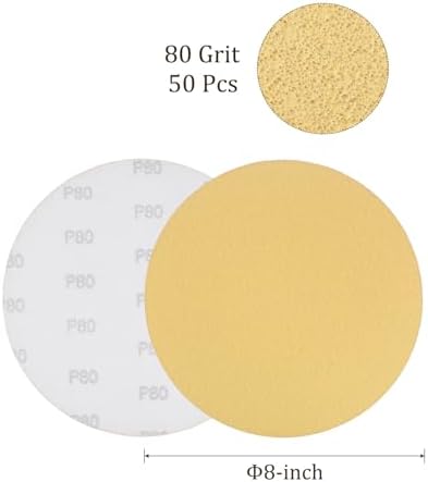 50pcs No Hole Sanding Discs- [ 8 Inch 80 Grit ] Round Hook and Loop Grip Sanding Pads Sheet Sandpaper for Automotive Woodworking Metal Polishing Use| Gold, Aluminum Oxide