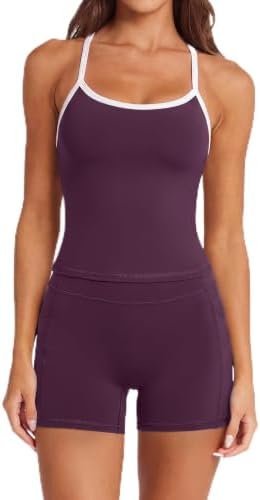 SUUKSESS Women 2 Piece Workout Sets High Waisted Biker Shorts with Pockets Built in bra Racerback Tank Tops