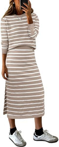 ANRABESS Women 2 Piece Striped Sweater Skirt Set