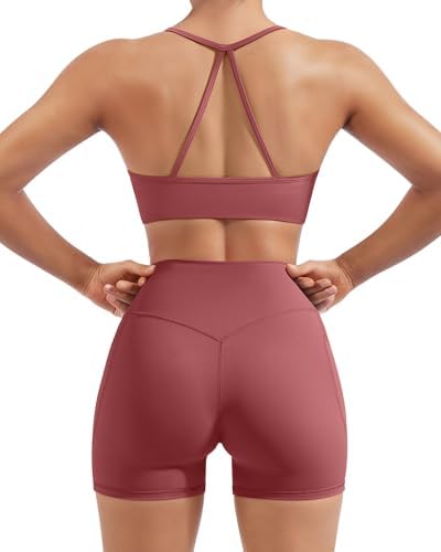 SUUKSESS Women 2 Piece Workout Sets Padded Halter Sports Bras High Waisted Biker Shorts with Pockets