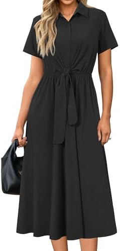 Newshows Women's Work Business Casual Outfits Tie Waist Midi Shirt Dress