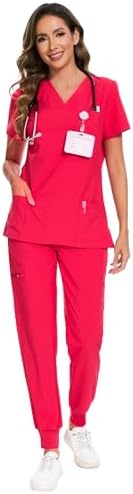 COZYFIT Scrubs for Women Set - Stretch V-Neck & Jogger Pant with 9 Pockets