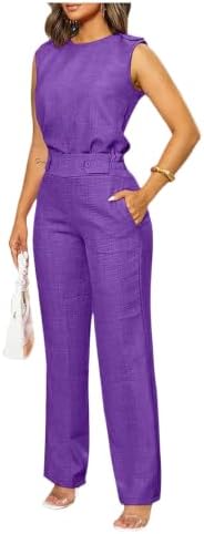 Floerns Women's 2 Piece Sets Dressy Outfits Bussiness casual Crew Neck Sleeveless Blouse and Elegant Pants Set