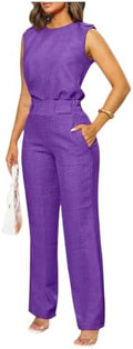Floerns Women's 2 Piece Sets Dressy Outfits Bussiness casual Crew Neck Sleeveless Blouse and Elegant Pants Set