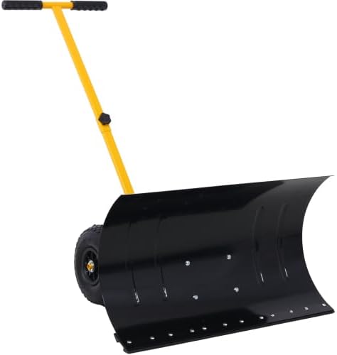 29" Snow Pusher Shovel with Adjustable Handle, Snow Shovel with Wheels, Snow Clean Tool for Driveway or Pavement, Yellow