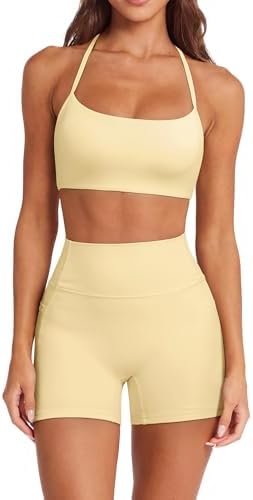 SUUKSESS Women 2 Piece Workout Sets Padded Halter Sports Bras High Waisted Biker Shorts with Pockets
