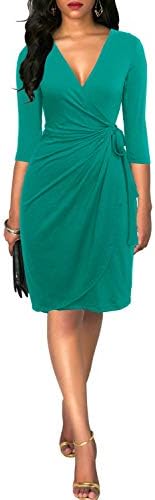 Berydress Women's 3/4 Sleeve V Neck Casual Party Work Faux Black Wrap Dress