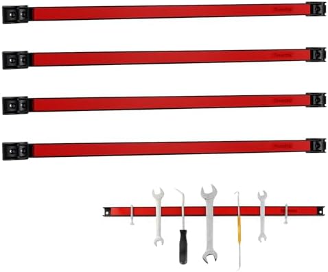 24" Magnetic Tool Holder Strip, 4 Pieces Red Metal Tool Organizer Rack with Stainless Steel Surface, Magnet Bar for Garage Workshop, Easy To Install with Mounting Screws