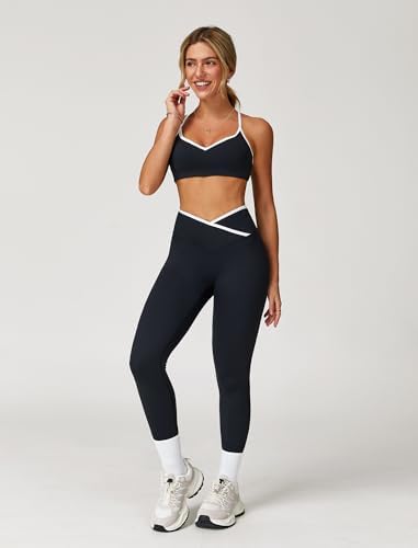 ABOCIW Workout Sets for Women 2 Piece Color Block Strappy Sports Bra High Waist Shorts Gym Yoga Pilates Outfits