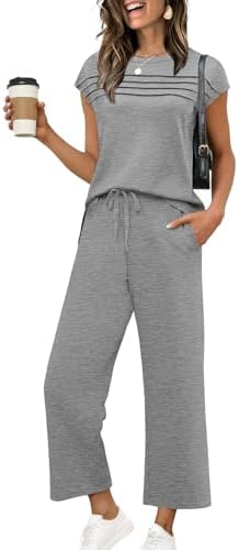 WIHOLL Two Piece Sets for Women Summer Spring Travel Vacation Outfits Cap Sleeve Lounge Matching Sets Wide Leg Pants S-3XL