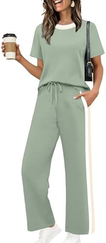 WIHOLL 2 Piece Lounge Sets for Women Matching Set Summer Outfits Short Sleeve Tops Wide Leg Pants with Pockets