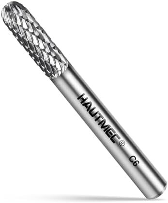 HAUTMEC Tungsten Carbide Rotary Burr Bit YG6, 1/4" Shank Double Cut Die Grinder Bit, Low Vibration Precision Rotary File for Metal Grinding, Engraving & Deburring (6MM Cylindrical Ball End), HT0198