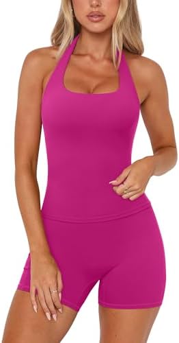SUUKSESS Women 2 Piece Workout Sets Halter Neck Yoga Tops Gym Biker Shorts