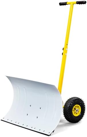 VINGLI Snow Pusher Shovel with Wheels, 29" Adjustable Ergonomic T-Handle Snow Plow for Driveway, Heavy Duty Wheeled Rolling Shovels for Snow Removal, Angle Adjustable (White & Yellow) (29"x18")