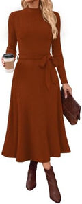 OFEEFAN Long Sleeve Dress Mock Neck Tie Waist Ribbed Knit Midi Dresses Fall Outfits