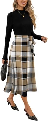 OFEEFAN Long Sleeve Dress Mock Neck Tie Waist Ribbed Knit Midi Dresses Fall Outfits