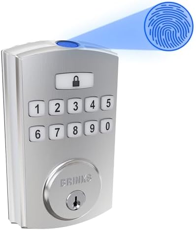 Brinks Fingerprint Door Lock, Keyless Entry Biometric Lock, Electronic Keypad Fingerprint Deadbolt with Auto-Locking, Front Door Lock and Interior Knob Set, Easy Installation, Satin Nickel