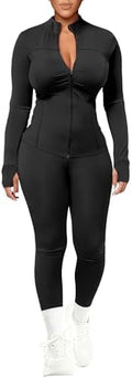 UOUA Womens Workout Set 2 Piece Outfit Bodycon Gym Tracksuit
