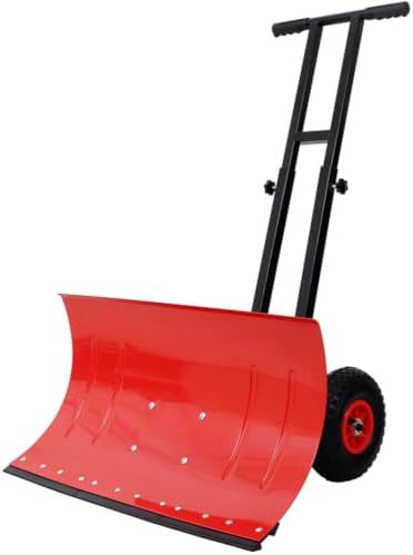 29" Snow Shovel with Wheels, Heavy Duty Metal Snow Pusher with Adjustable Handle & 5 Position Angled Blade, Ergonomic Wheeled Snow Plow for Driveway Sidewalk Yard Snow Removal