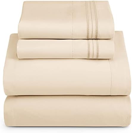 Hearth & Harbor Twin XL Size Sheets - 3 Piece Bed Sheet Set, Hotel Luxury Double Brushed Bed Sheets - Extra Soft Bedding Sheets & Pillowcases, Twin XL, Beige