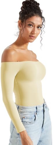 SUUKSESS Women Off Shoulder Long Sleeve Bodysuits Double Lined Basic Tops