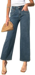 Sidefeel Women's Straight Leg Jeans High Waisted Stretchy Jeans Zimbaplatinum Wide Leg Ankle Denim Pants with Pockets