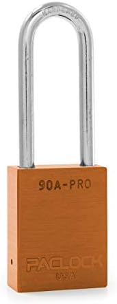 PACLOCK's 90A-PRO Padlock, 1/4" Diameter Hard. Steel Shackle, 2-1/2" Tall, High Performance 7-Pin Cylinder w/ 1 Key, Keyed Alike, Orange