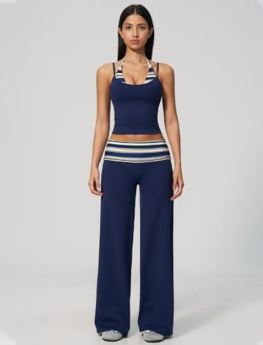 QBGJTD Womens Workout Sets Two Piece Striped Tank Top Wide Leg Yoga Pants Yoga Pilates Outfits