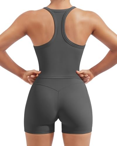SUUKSESS Women 2 Piece Workout Sets High Waisted Biker Shorts with Pockets Built in bra Racerback Tank Tops