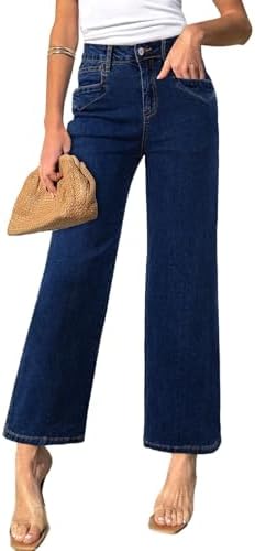 Sidefeel Women's Straight Leg Jeans High Waisted Stretchy Jeans Zimbaplatinum Wide Leg Ankle Denim Pants with Pockets