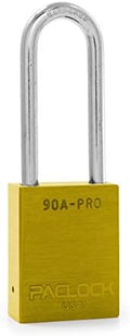 PACLOCK's 90A-PRO Padlock, 1/4" Diameter Hard. Steel Shackle, 2-1/2" Tall, High Performance 7-Pin Cylinder w/ 1 Key, Keyed Alike, Yellow
