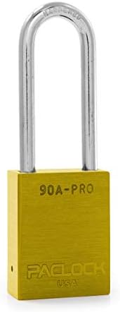 PACLOCK's 90A-PRO Padlock, 1/4" Diameter Hard. Steel Shackle, 2-1/2" Tall, High Performance 7-Pin Cylinder w/ 1 Key, Keyed Differently, Yellow