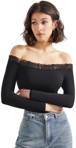 SUUKSESS Women Off Shoulder Long Sleeve Bodysuits Double Lined Basic Tops