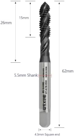 Tools M5 x 0.8 AlTiN Coating Spiral Flute Thread Tap, Metric Machine Threading Tap High Speed Steel Cobalt(HSSCo), Round Shank with Square End, H2 Tolerance, 2pcs
