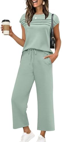 WIHOLL Two Piece Sets for Women Summer Spring Travel Vacation Outfits Cap Sleeve Lounge Matching Sets Wide Leg Pants S-3XL