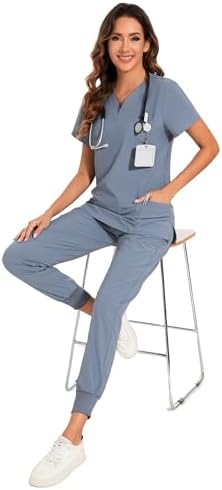 COZYFIT Scrubs for Women Set - Stretch V-Neck & Jogger Pant with 9 Pockets