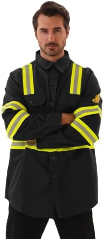 FR Shirts for Men 7oz Hi Vis Fire Resistant Shirts CAT2 Welding Shirt 100% Cotton High Visibility Flame Resistant Shirt Black(Large)