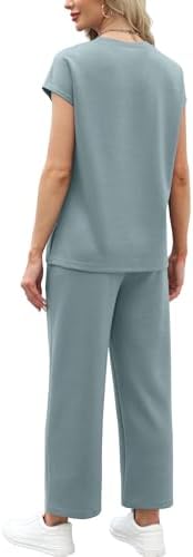 WIHOLL Two Piece Sets for Women Summer Spring Travel Vacation Outfits Cap Sleeve Lounge Matching Sets Wide Leg Pants S-3XL