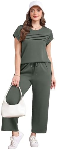 WIHOLL Two Piece Sets for Women Summer Spring Travel Vacation Outfits Cap Sleeve Lounge Matching Sets Wide Leg Pants S-3XL