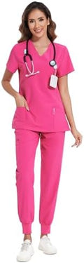 COZYFIT Scrubs for Women Set - Stretch V-Neck & Jogger Pant with 9 Pockets